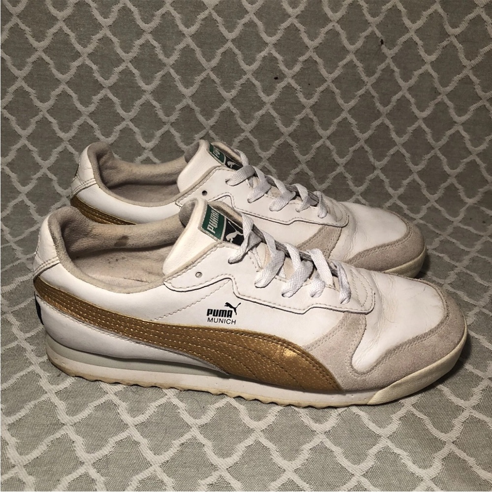 Puma Munich Women’s Striped Metallic Bronze White Casual Sneakers Shoes Size 8